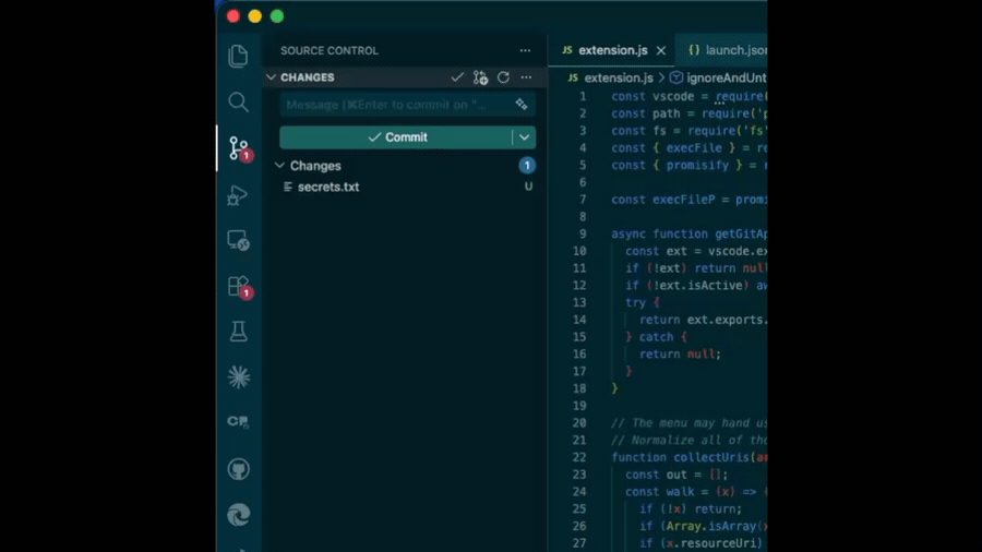 Right-clicking a file in the Source Control view and choosing Ignore & Untrack